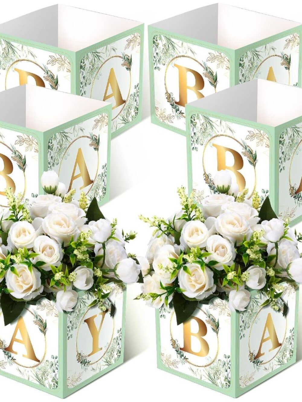 6 Pcs Baby Shower Centerpiece Box, Green, Sage Green Leaf